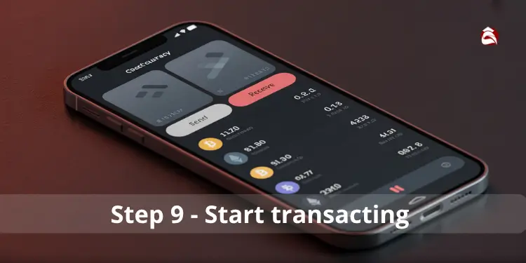 Crypto wallet app interface with balance and transaction buttons