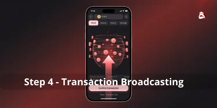 Phone screen showing transaction broadcasting with confirm button