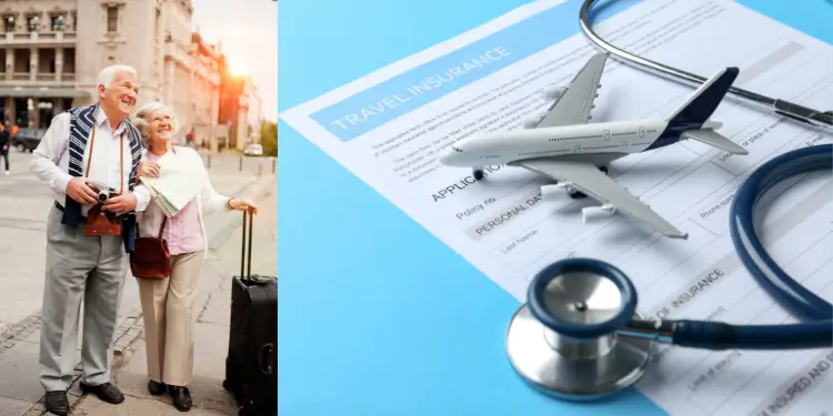 Senior travelers with camera stand by travel insurance documents and stethoscope.