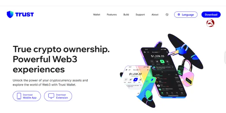 Trust Wallet homepage highlighting Web3 crypto ownership with app view.