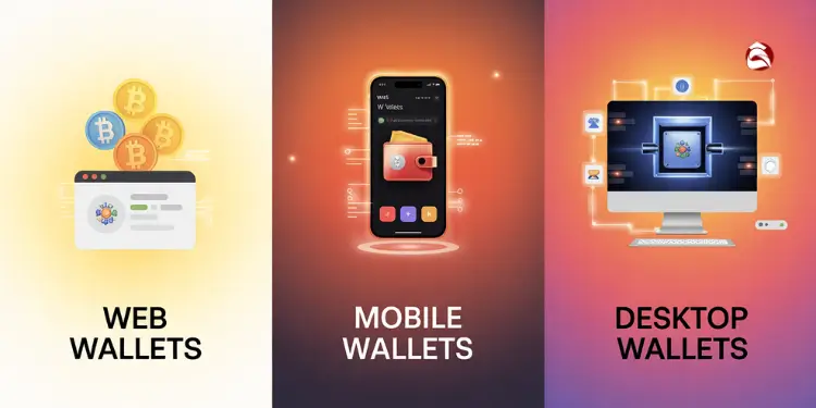 Illustration of Web, Mobile, and Desktop wallets with crypto coins
