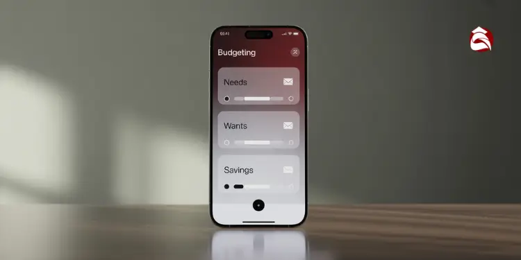 Smartphone budgeting interface with sliders for needs, wants, and savings
