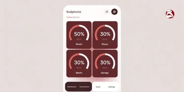 Budget app interface showing 50% needs, 30% wants, 20% savings