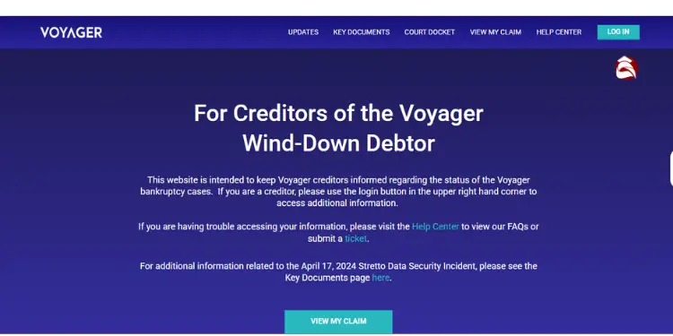 Voyager website for creditors with wind-down debtor info and claim button.