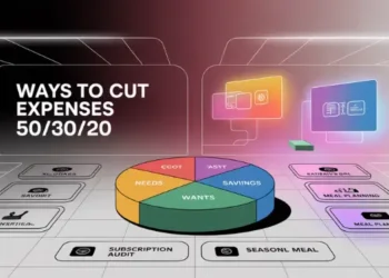 Neon-lit 50/30/20 pie chart on a grid floor with screens and icons for budgeting categories.