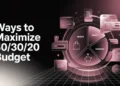 Glowing pie chart segmented into needs, wants, savings amid floating icons in a high-tech digital environment.
