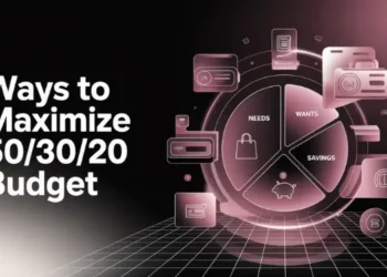 Glowing pie chart segmented into needs, wants, savings amid floating icons in a high-tech digital environment.