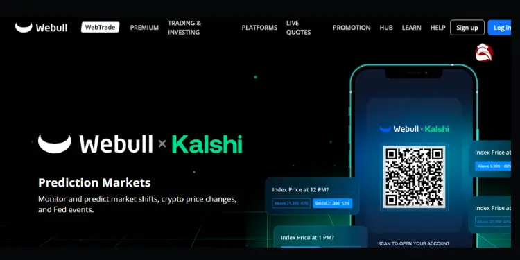Webull x Kalshi homepage with prediction markets and QR code for account access