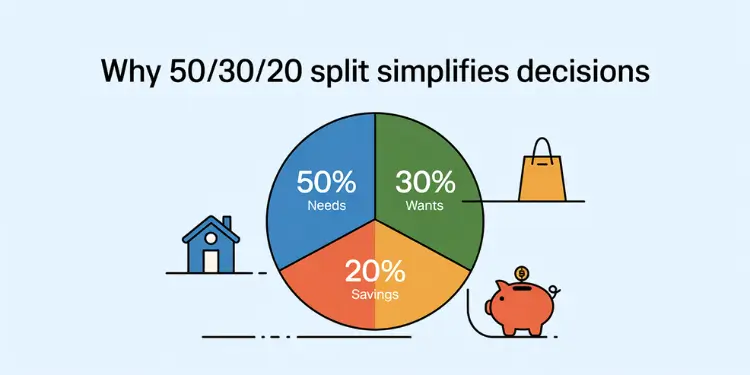 Pie chart labeled needs, wants, savings in a 50/30/20 split accompanied by icons.