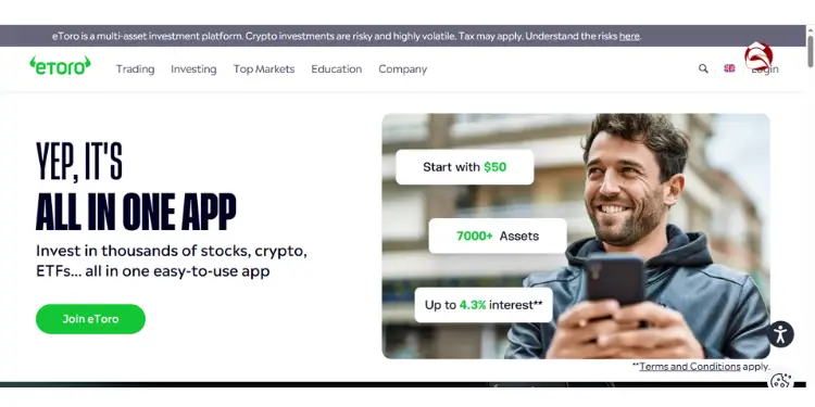 eToro homepage promoting all-in-one app for stocks, crypto, and ETFs with app view