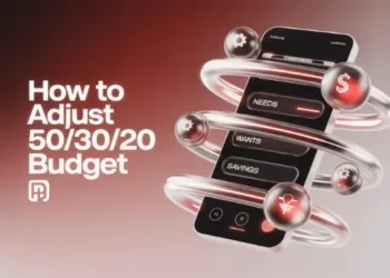Smartphone interface showing 50/30/20 budget rings around needs, wants, and savings
