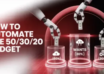 Robotic arms sorting budget into 50% needs, 30% wants, and 20% savings