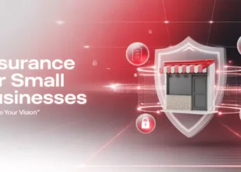 Small storefront protected by a digital shield with insurance icons