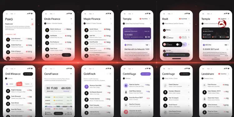 Screenshots of mobile apps for PaxG, Ondo Finance, Maple Finance, and more