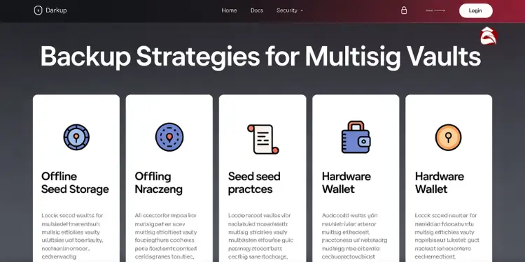 Interface showing backup strategies for multisig vaults including offline and hardware options.