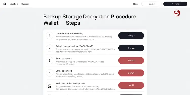 Interface displaying wallet decryption steps with decrypt and verify options