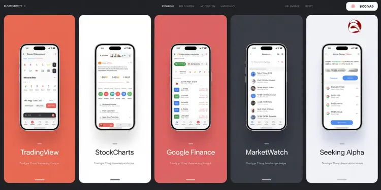 Five phone screens: TradingView, StockCharts, Google Finance, MarketWatch, Seeking Alpha