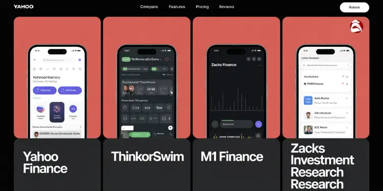 Four phone screens: Yahoo Finance, ThinkorSwim, M1 Finance, Zacks Research