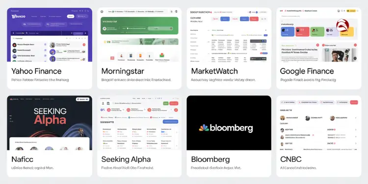 Screenshots of Yahoo Finance, Morningstar, MarketWatch, Google Finance, Seeking Alpha, Bloomberg, and CNBC interfaces
