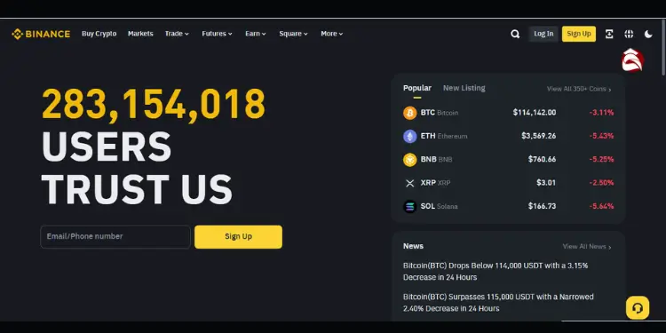 Binance homepage with 283,154,018 users and popular crypto prices