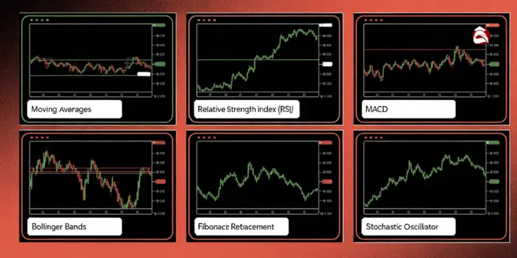 Six panels showing MA, RSI, MACD, Bollinger, Fibonacci, Stochastic
