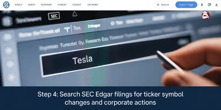 SEC Edgar page with Tesla search and step 4 for symbol changes.