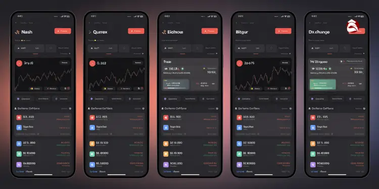 Screenshots of mobile apps for Nash, Qurrex, Eidoo, Bitgur, and DX.Exchange.