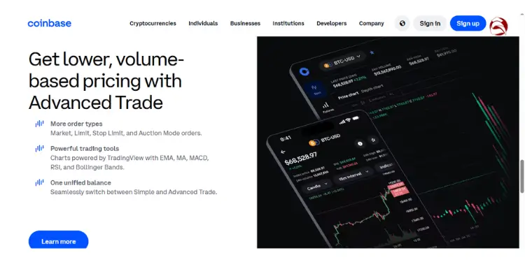 Coinbase homepage promoting Advanced Trade with app showing $652,877 BTC price