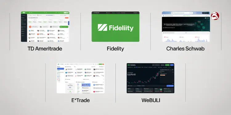 Screenshots of TD Ameritrade, Fidelity, Charles Schwab, E*Trade, and Webull interfaces