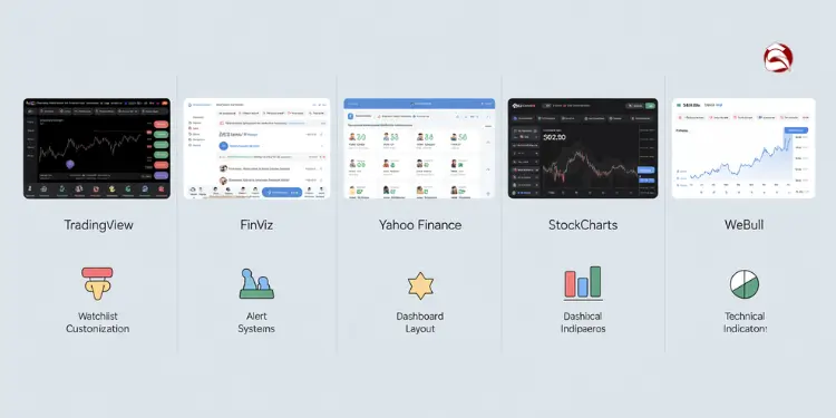 Screenshots of TradingView, FinViz, Yahoo Finance, StockCharts, and Webull interfaces with feature icons.