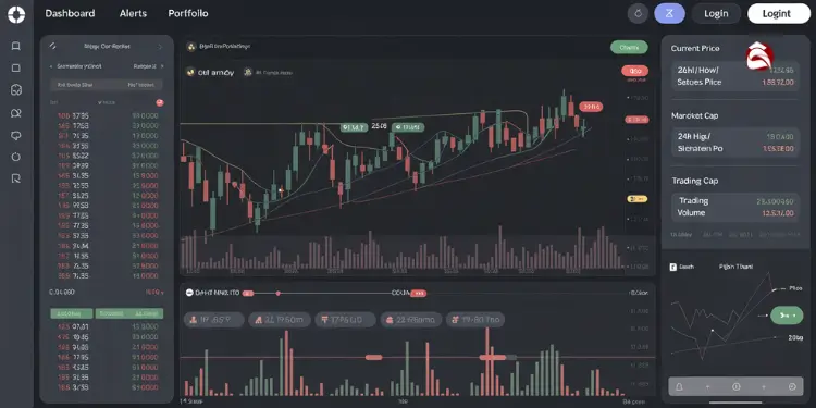 Trading dashboard with price chart, alerts, and portfolio details for a cryptocurrency