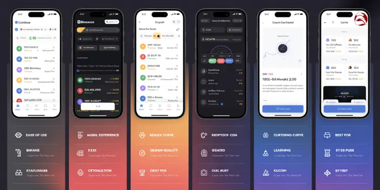 Screenshots comparing ease of use, mobile experience, and other features of crypto apps