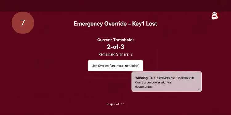 Screen showing emergency override option due to lost key with remaining signers