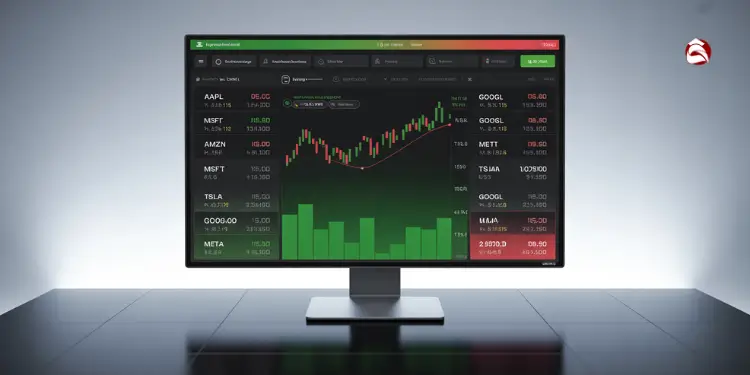 Stock trading platform showing charts and prices on a monitor