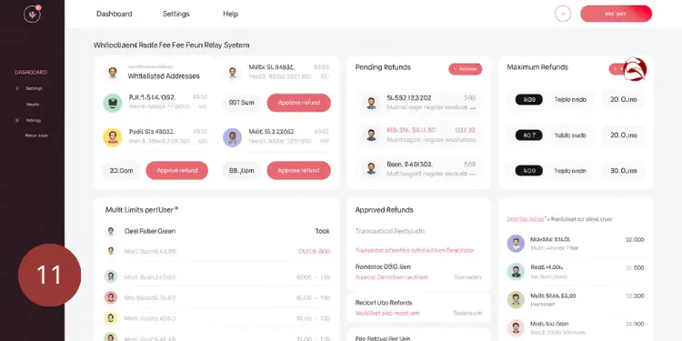 Dashboard showing whitelisted rate fee refunds, pending refunds, and maximum refunds