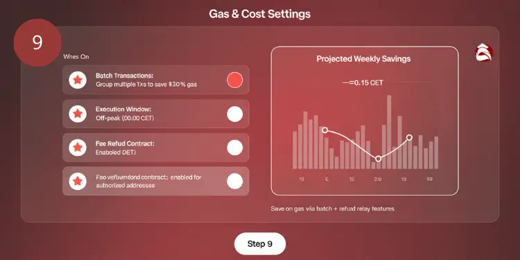 Interface showing gas settings with batch transactions and projected weekly savings chart
