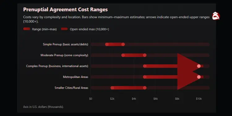 Bar chart showing cost ranges for prenuptial agreements by complexity and location
