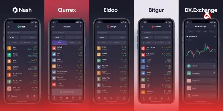 Screenshots of mobile apps for Nash, Qurrex, Eidoo, Bitgur, and DX.Exchange
