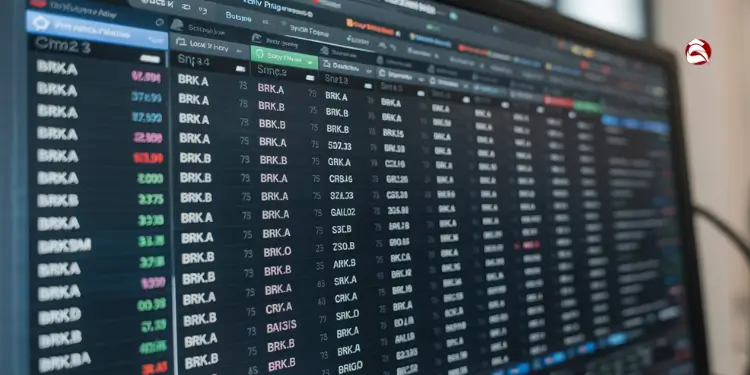 Close-up of monitor displaying BRK.A and BRK.B stock data in a table.