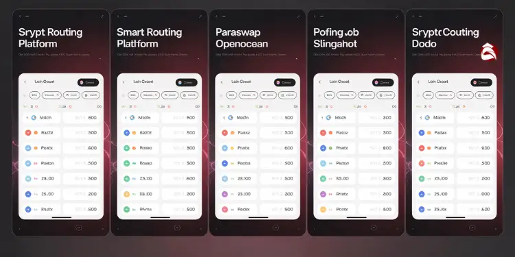 Screenshots of mobile apps for Srypt Routing, Smart Routing, and other DeFi platforms