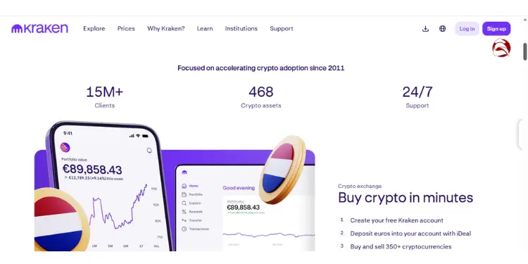 Kraken homepage for Netherlands with 15M+ clients and app showing €89,858.43