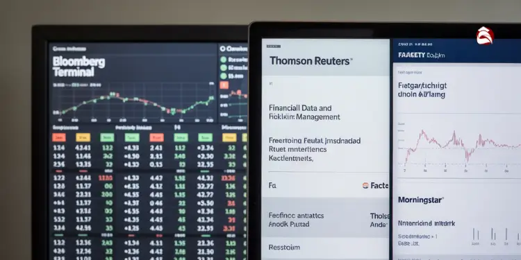 Screenshots of financial data terminals on monitors