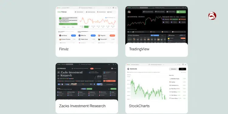 Screenshots of Finviz, TradingView, Zacks Investment Research, and StockCharts interfaces