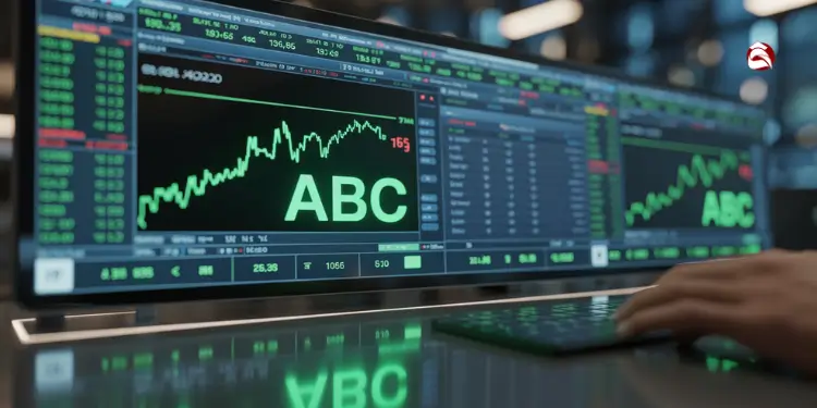 Computer screen showing ABC stock chart with rising trend.