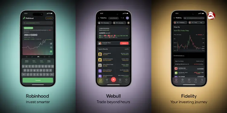 Displays logos and slogans of three mobile trading apps: Robinhood, Webull, and Fidelity.
