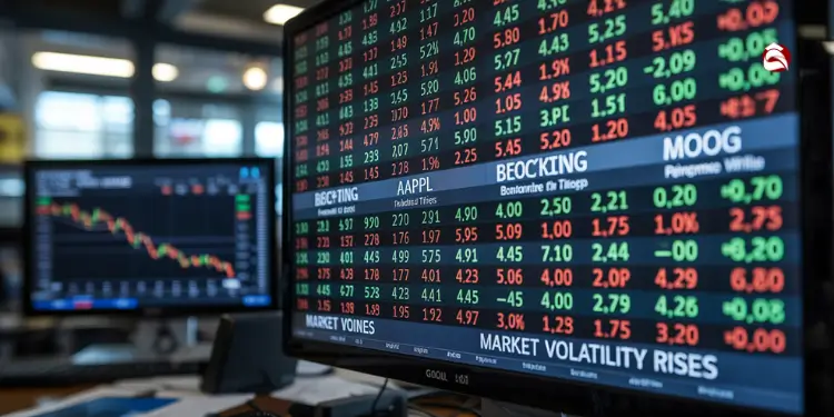 Multiple monitors showing stock prices and market data in a trading room.