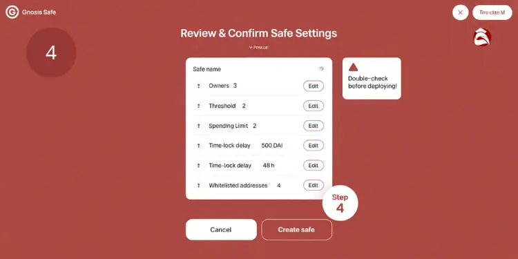 Screen to review safe settings including owners, threshold, and time-lock delay.
