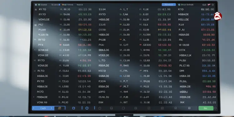 Monitor displaying list of global stock symbols and metrics.