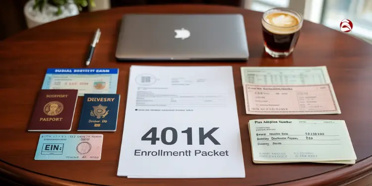 401K Plan Adoption Agreement document on a table with laptop