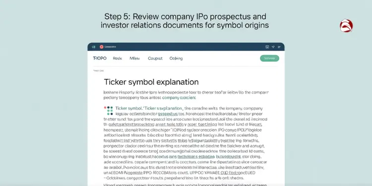 Screen with step 5 to review IPO prospectus for symbol origins.